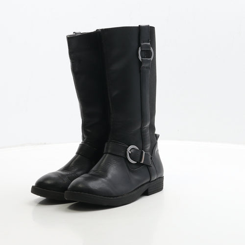 F&F Girls Black Leather Biker Boot UK 10 28