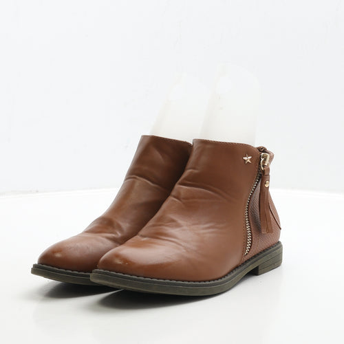 Primark Womens Brown Leather Biker Boot UK 3 36 - Star Detail