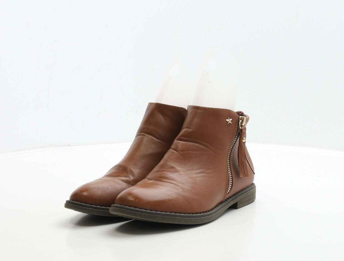 Primark Womens Brown Leather Biker Boot UK 3 36 - Star Detail