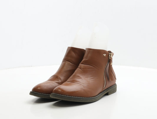 Primark Womens Brown Leather Biker Boot UK 3 36 - Star Detail