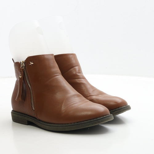 Primark Womens Brown Leather Biker Boot UK 3 36 - Star Detail