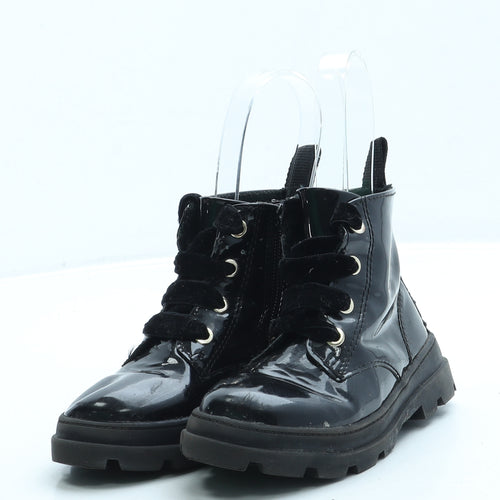 H&M Girls Black Leather Combat Boot UK 7.5 25