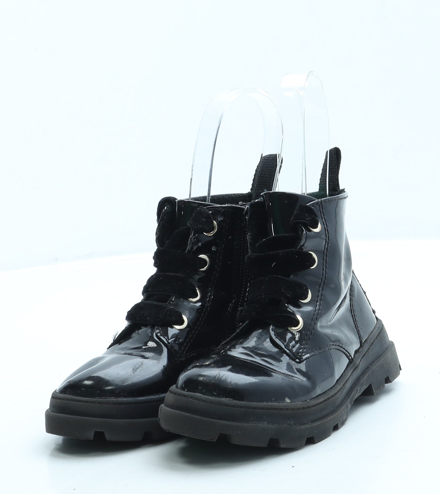 H&M Girls Black Leather Combat Boot UK 7.5 25
