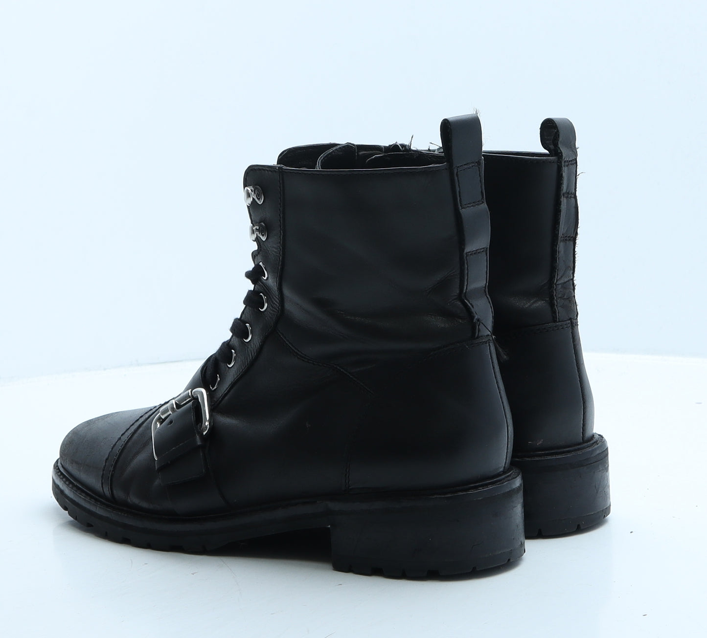 Preworn Womens Black Leather Biker Boot UK 6 39