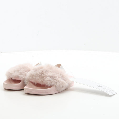 F&F Girls Pink Polyester Slider Sandal UK 4 - Fluffy Detail