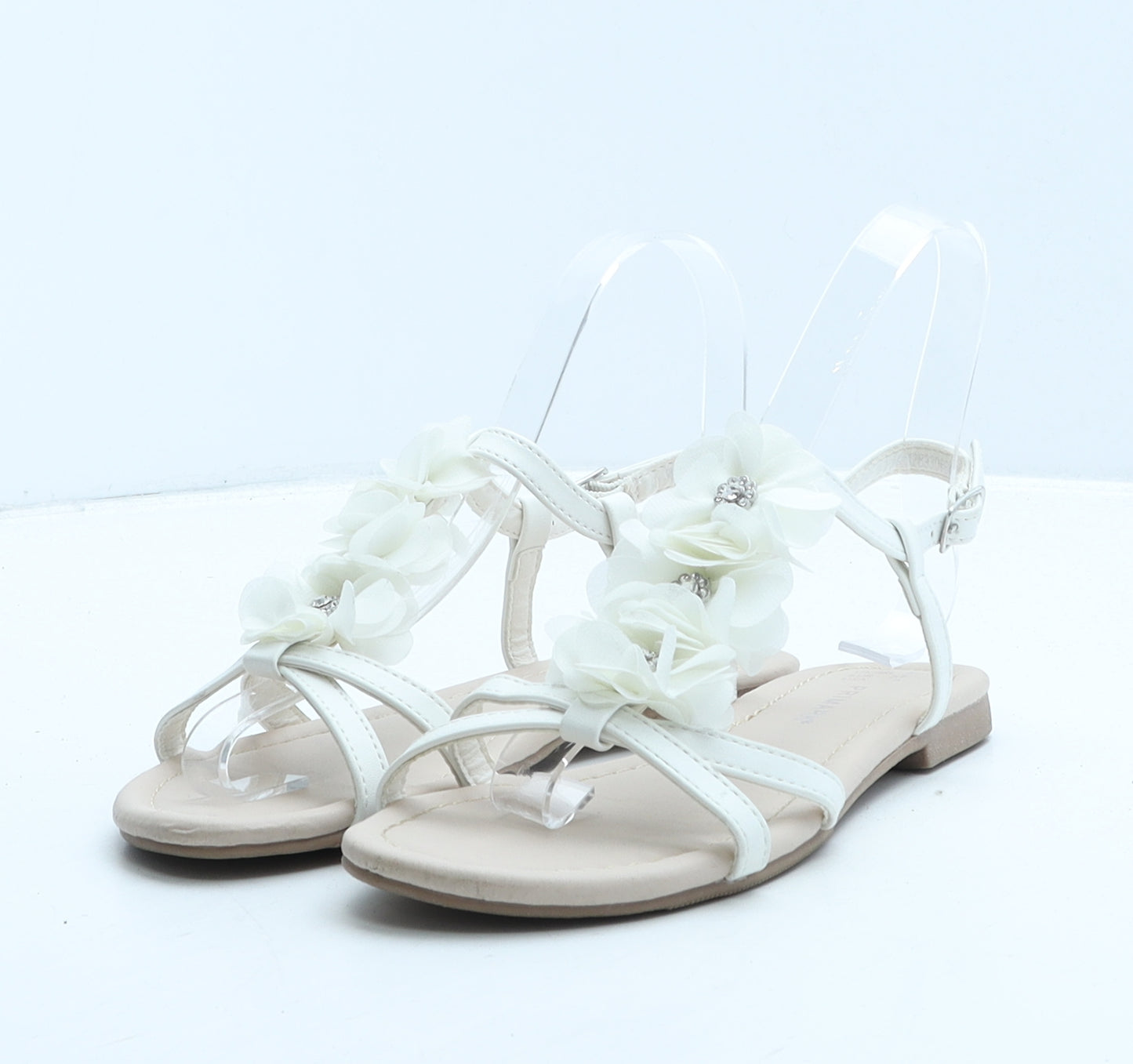 Primark Girls White Leather Strappy Sandal UK 2 35 - Flowers