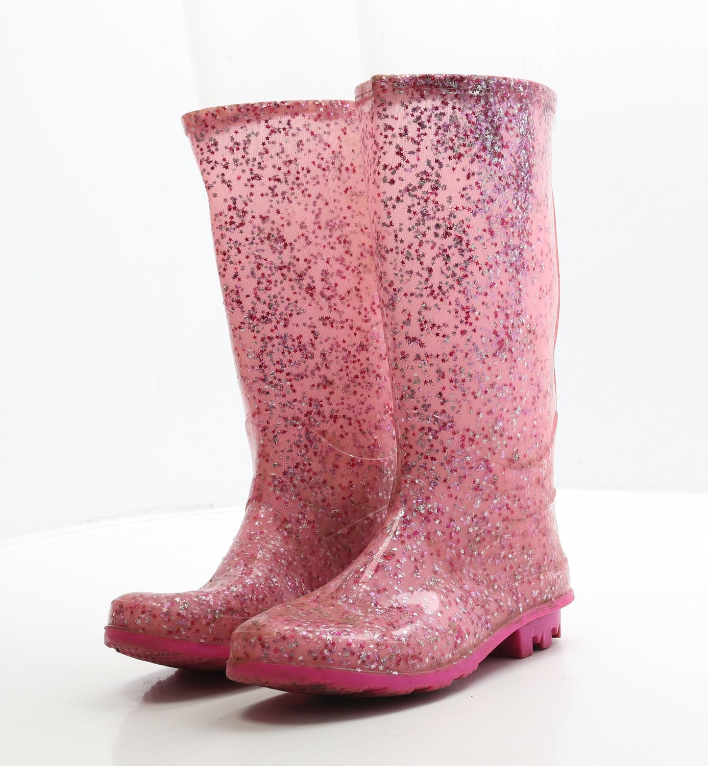Preworn Girls Pink Geometric Rubber Wellies Boot UK 1 - Star Detail