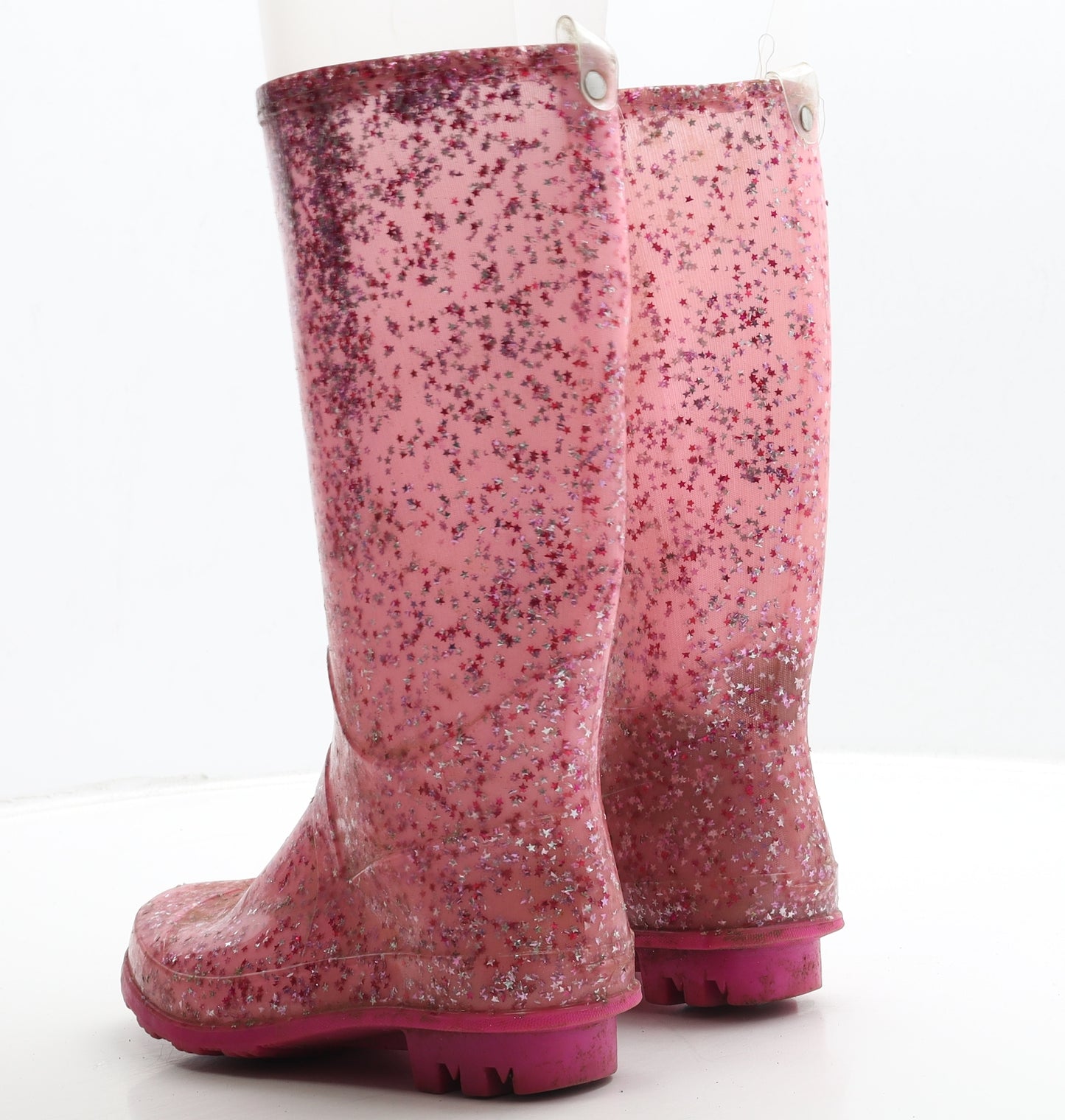 Preworn Girls Pink Geometric Rubber Wellies Boot UK 1 - Star Detail