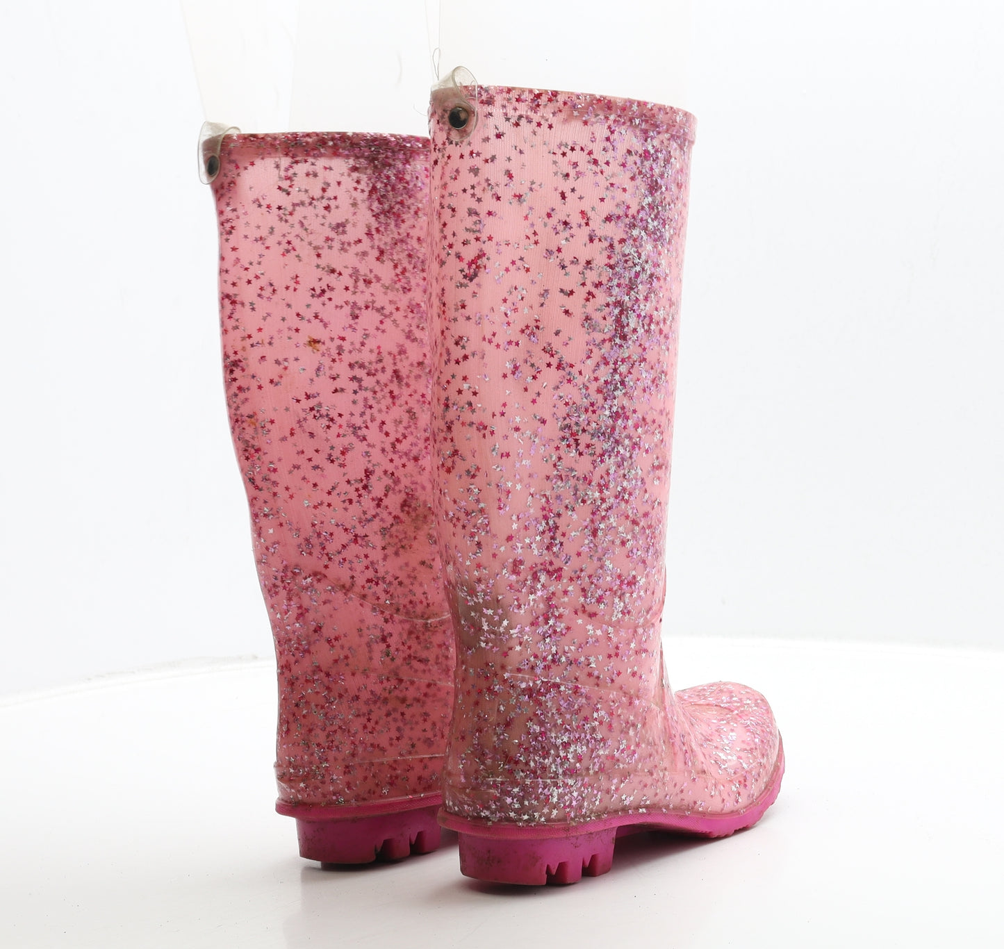 Preworn Girls Pink Geometric Rubber Wellies Boot UK 1 - Star Detail