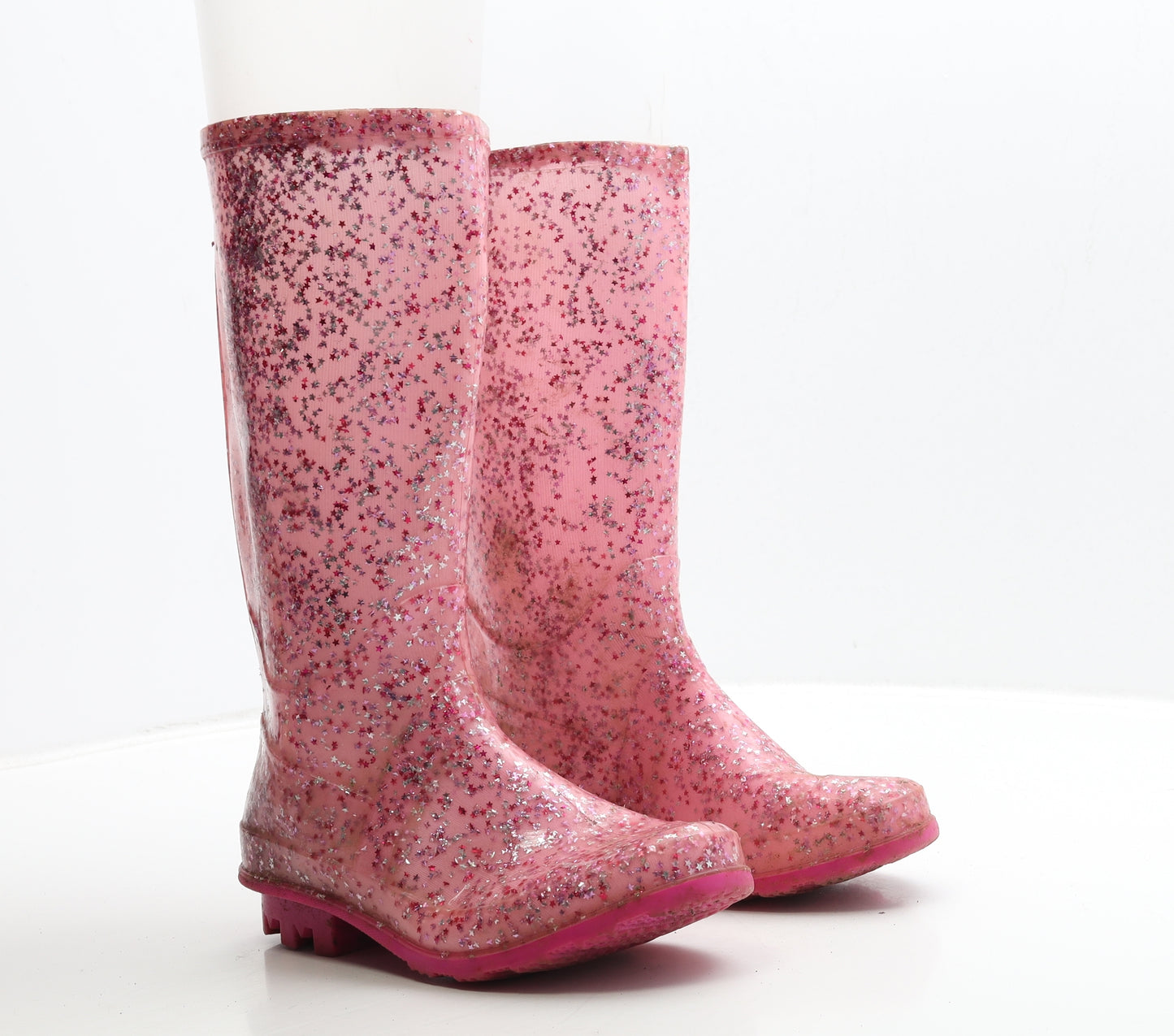 Preworn Girls Pink Geometric Rubber Wellies Boot UK 1 - Star Detail