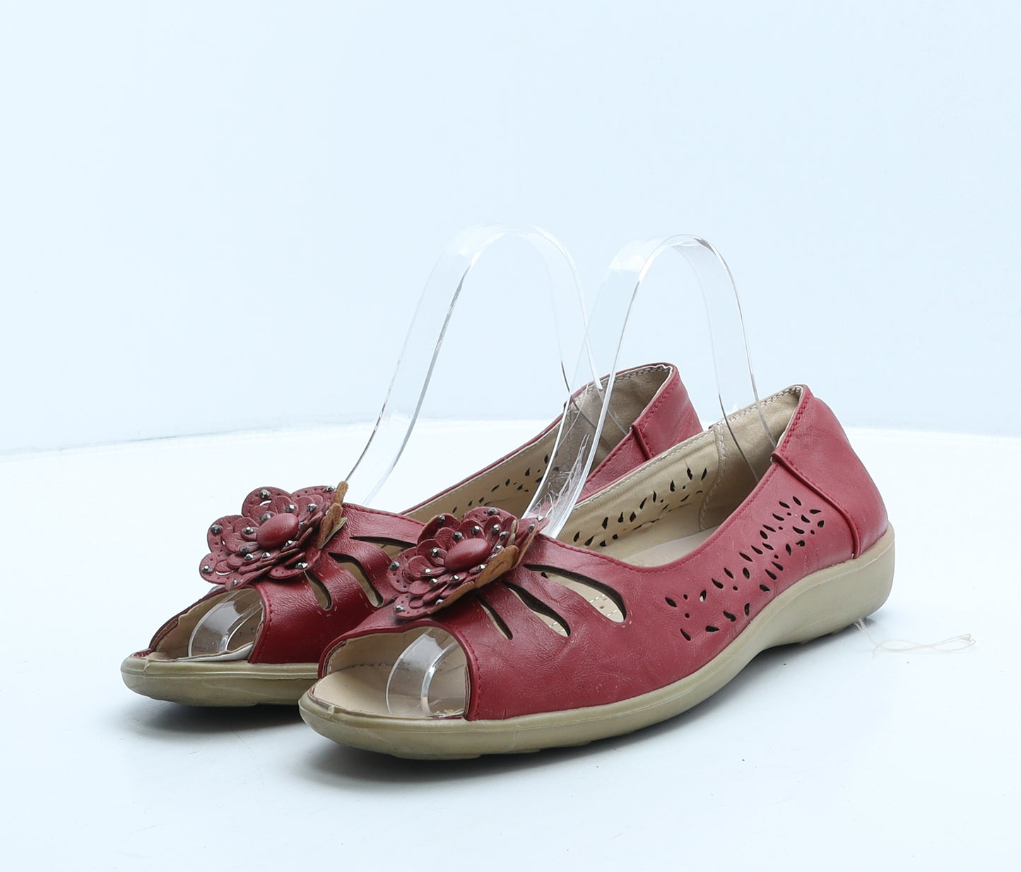 Shoe Tree Womens Red Geometric Leather Ballet Flat UK 7 - Flower