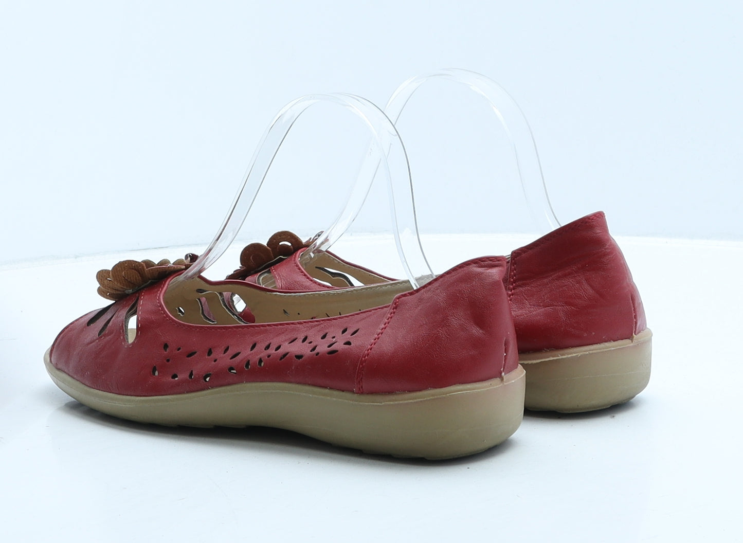 Shoe Tree Womens Red Geometric Leather Ballet Flat UK 7 - Flower