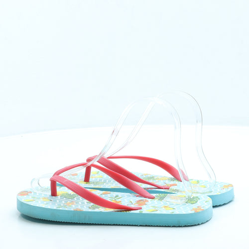 Preworn Girls Blue Geometric Rubber Thong Sandal UK 2 35 - Fruit print