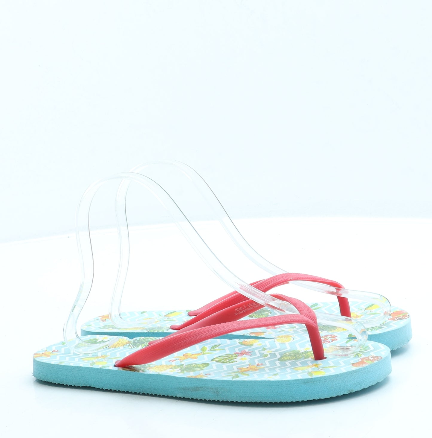 Preworn Girls Blue Geometric Rubber Thong Sandal UK 2 35 - Fruit print
