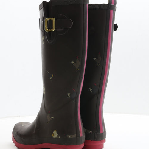 Joules Womens Brown Rubber Wellies Boot UK 5 - Chicken Print