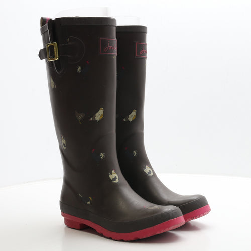 Joules Womens Brown Rubber Wellies Boot UK 5 - Chicken Print