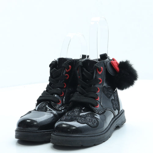 F&F Girls Black Leather Combat Boot UK 10 - Minnie Mouse