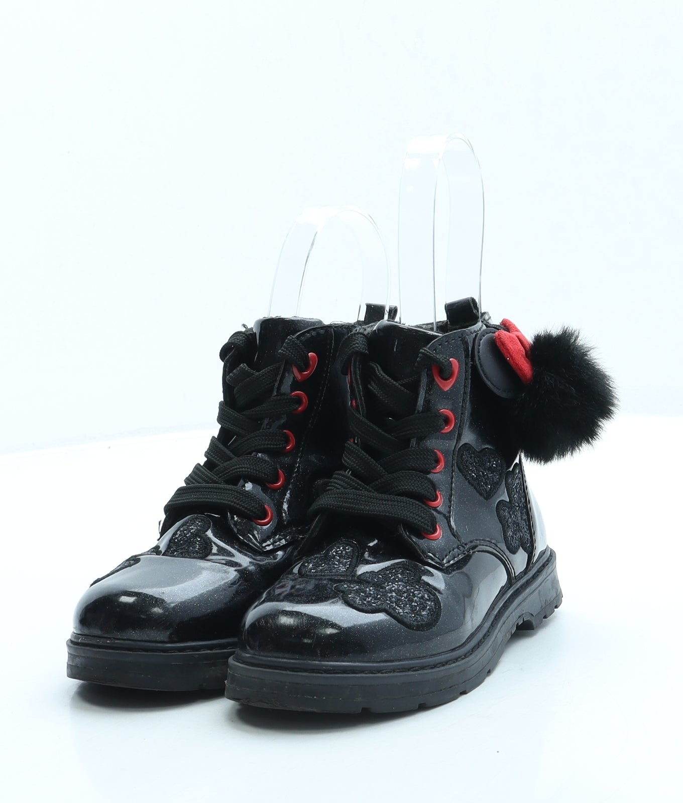 F&F Girls Black Leather Combat Boot UK 10 - Minnie Mouse