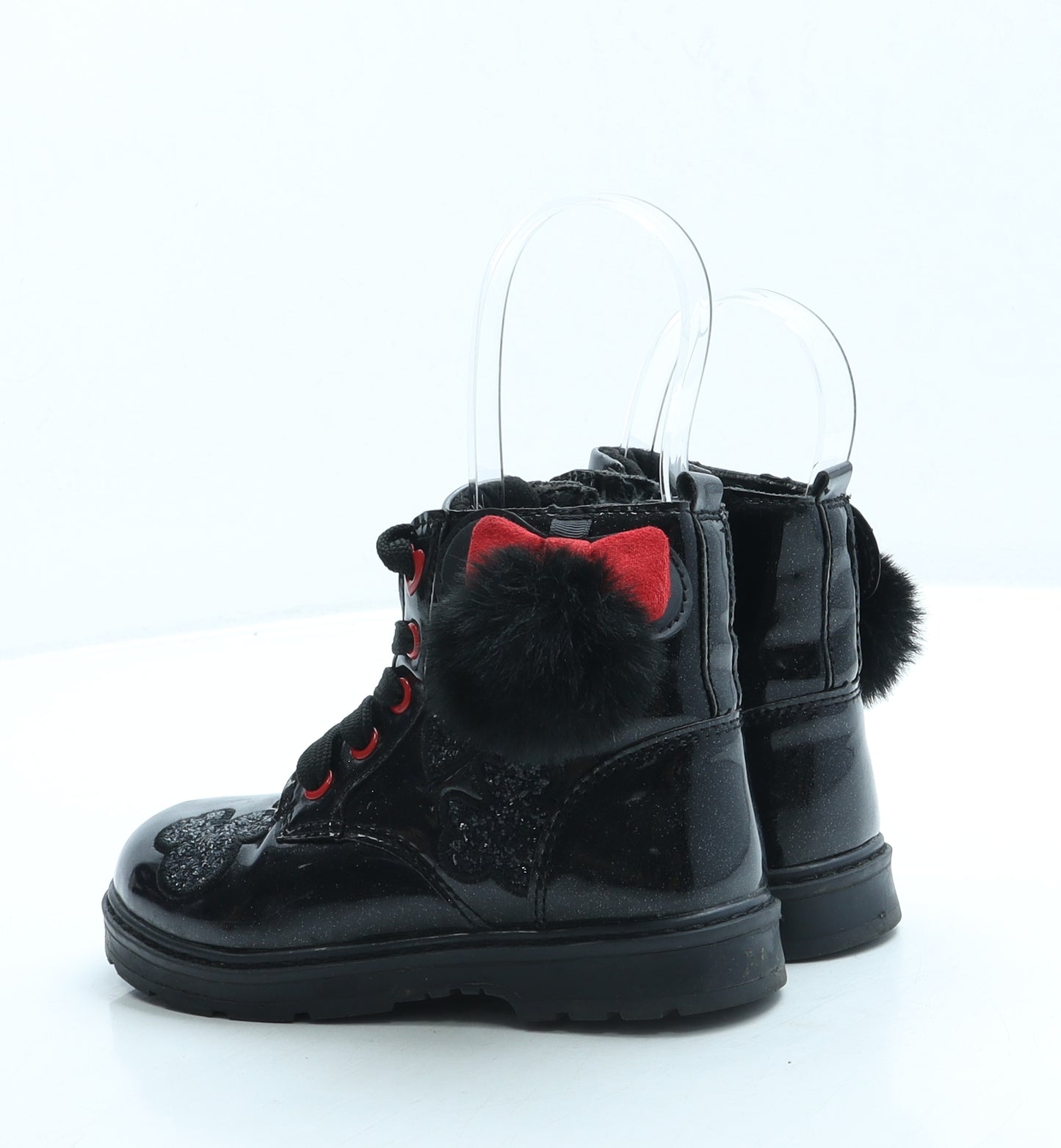 F&F Girls Black Leather Combat Boot UK 10 - Minnie Mouse
