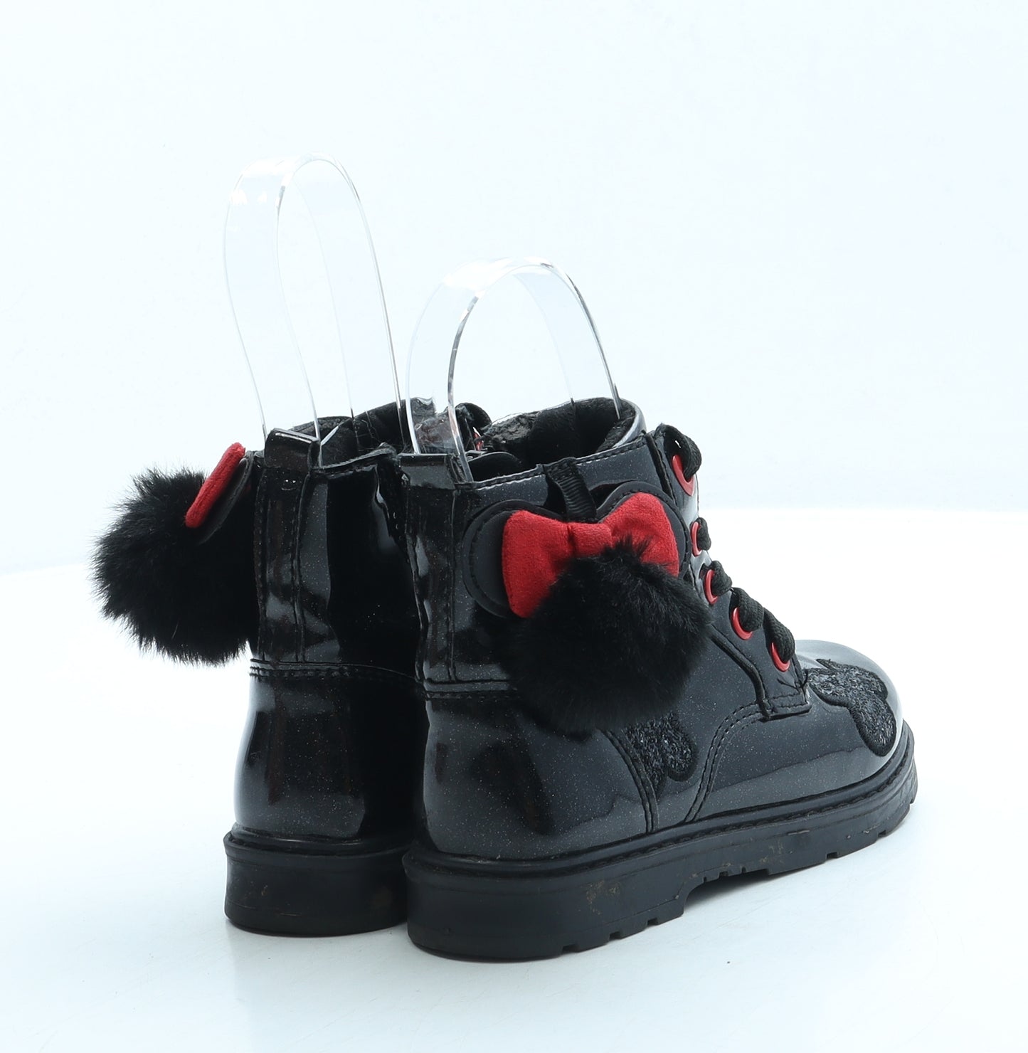 F&F Girls Black Leather Combat Boot UK 10 - Minnie Mouse