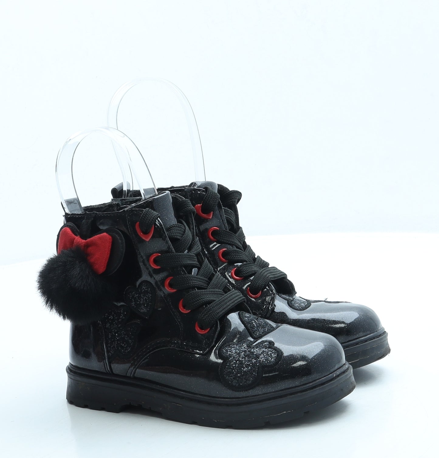 F&F Girls Black Leather Combat Boot UK 10 - Minnie Mouse