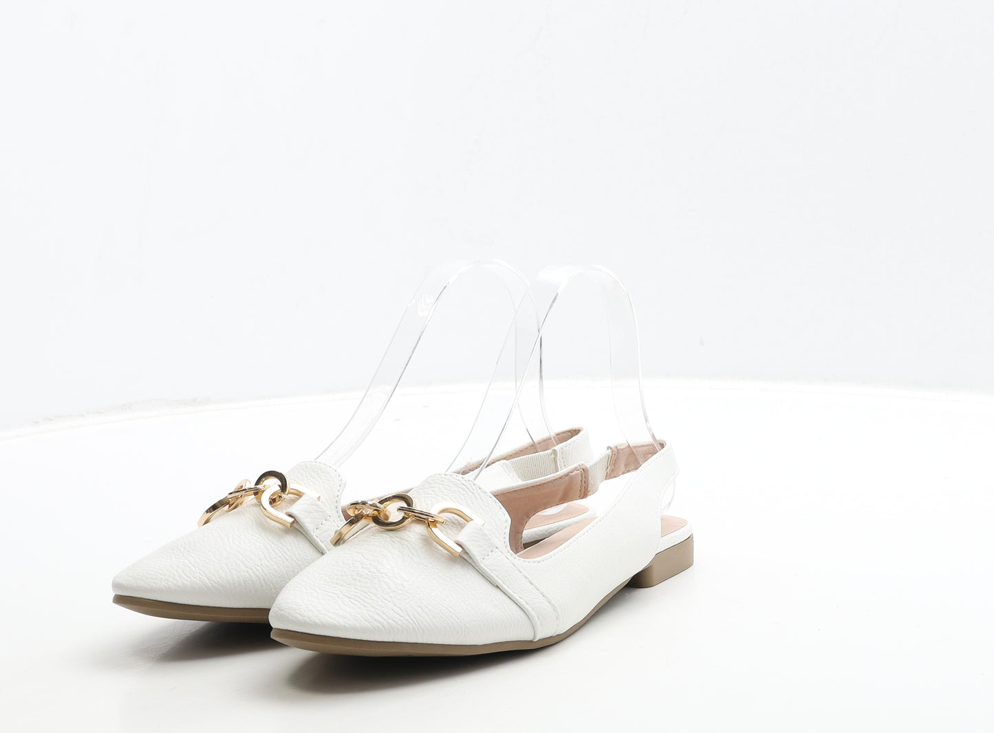 Peacocks Womens White Leather Slingback Flat UK 6 39 - Gold Detail