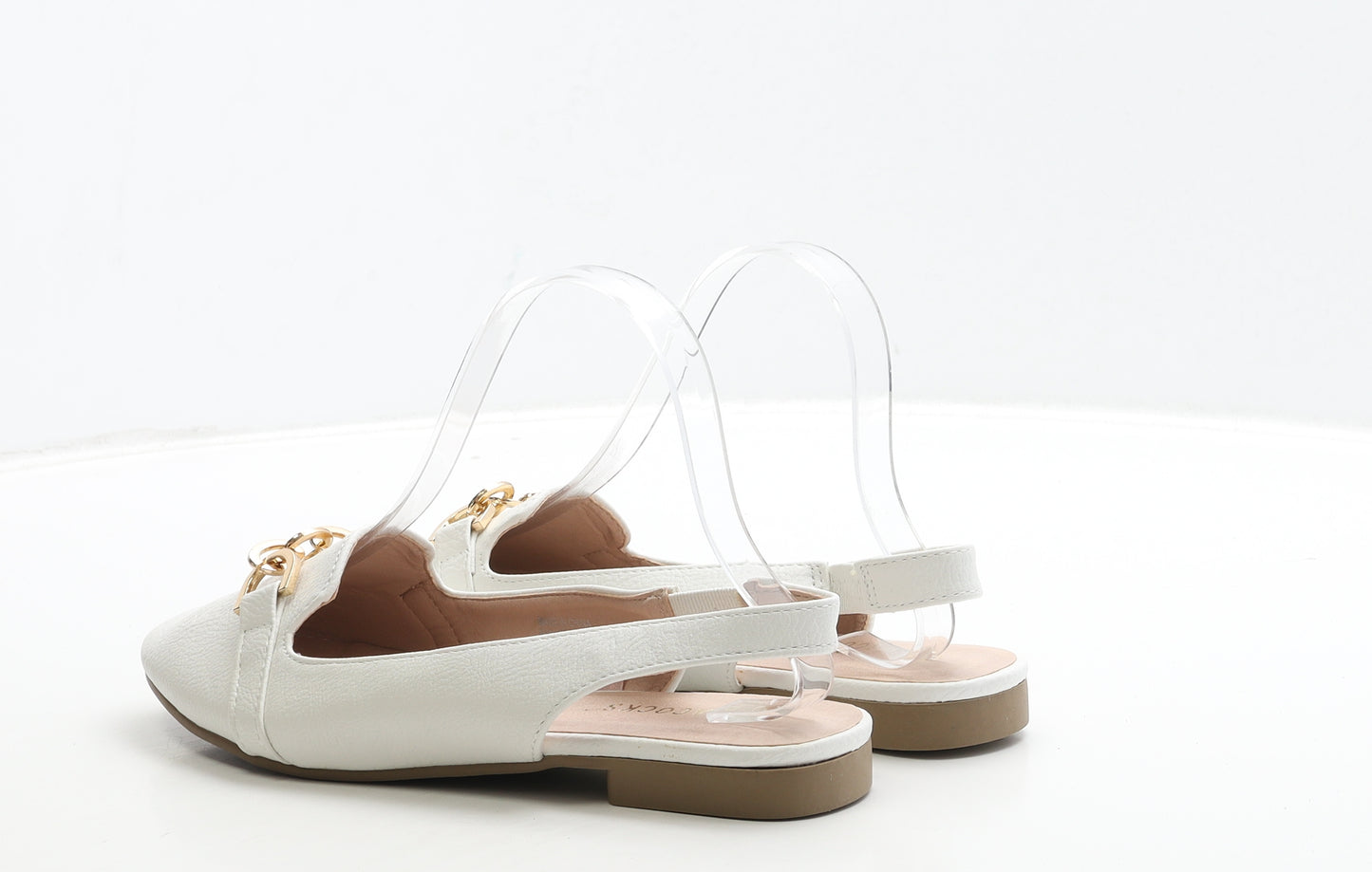 Peacocks Womens White Leather Slingback Flat UK 6 39 - Gold Detail