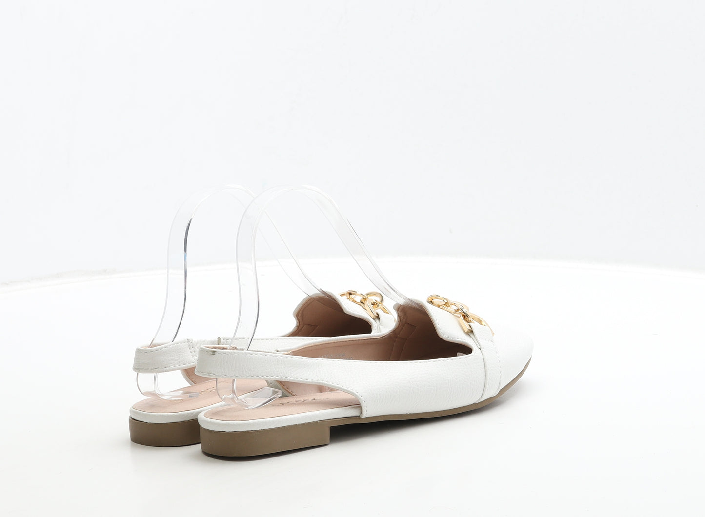 Peacocks Womens White Leather Slingback Flat UK 6 39 - Gold Detail
