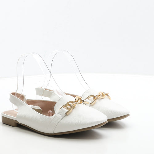 Peacocks Womens White Leather Slingback Flat UK 6 39 - Gold Detail