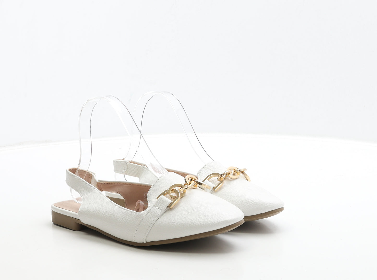 Peacocks Womens White Leather Slingback Flat UK 6 39 - Gold Detail