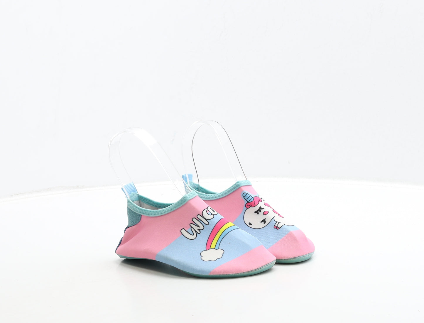 Preworn Girls Multicoloured Polyester Slip On Flat UK 12 30 - Unicorn & Rainbow Detail. Aqua Shoes