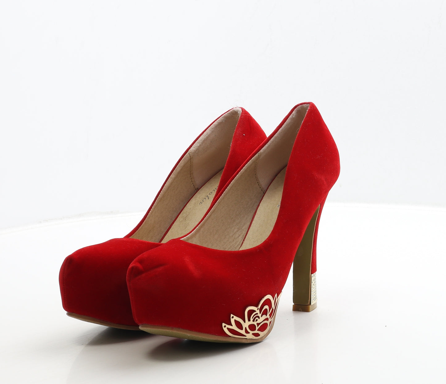 Preworn Womens Red Suede Court Heel UK 7 40 - Gold Detail