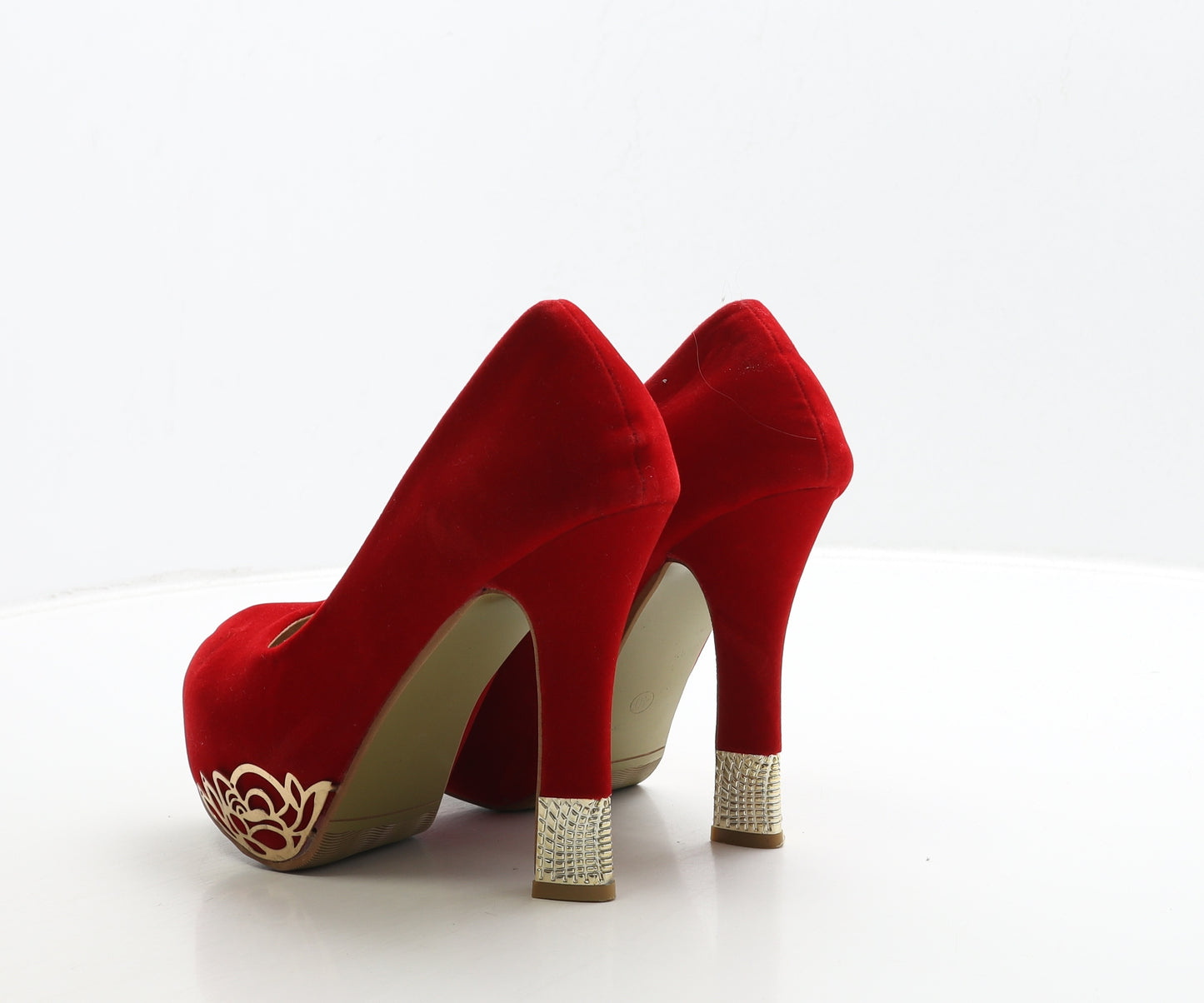 Preworn Womens Red Suede Court Heel UK 7 40 - Gold Detail
