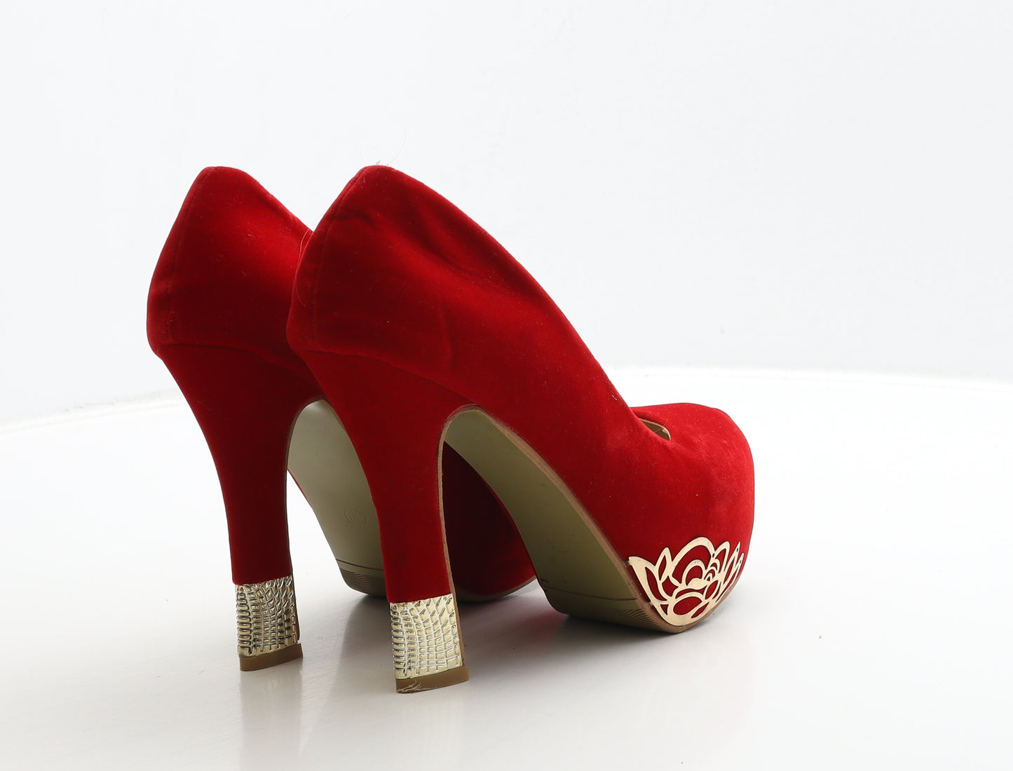 Preworn Womens Red Suede Court Heel UK 7 40 - Gold Detail