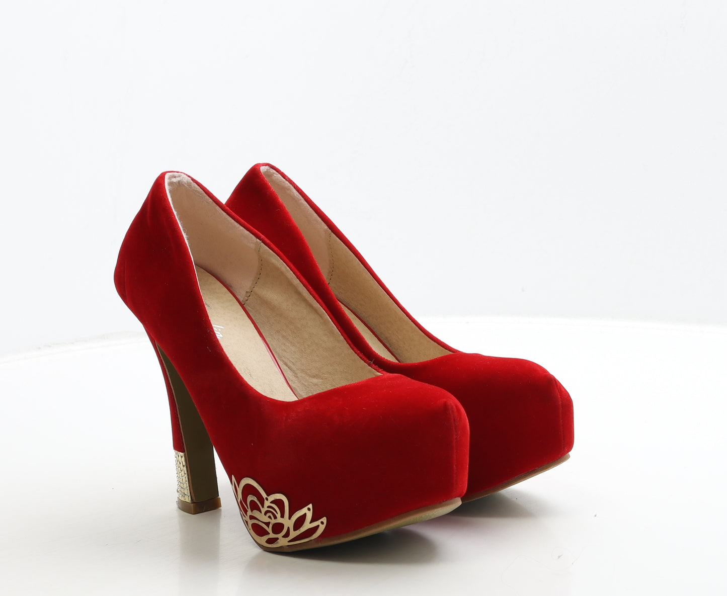 Preworn Womens Red Suede Court Heel UK 7 40 - Gold Detail
