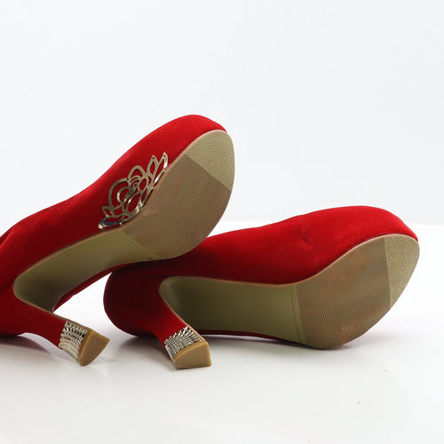 Preworn Womens Red Suede Court Heel UK 7 40 - Gold Detail