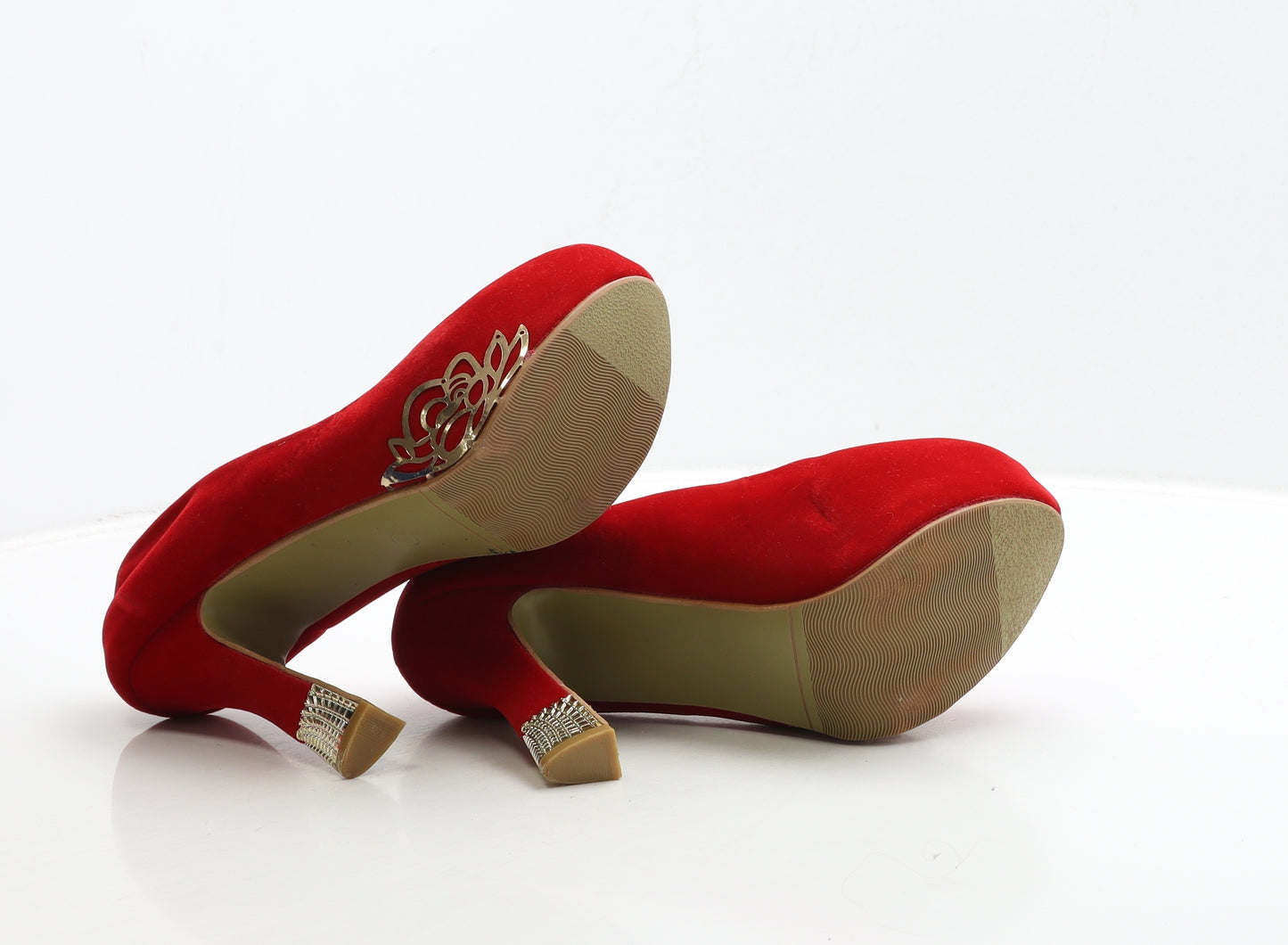 Preworn Womens Red Suede Court Heel UK 7 40 - Gold Detail