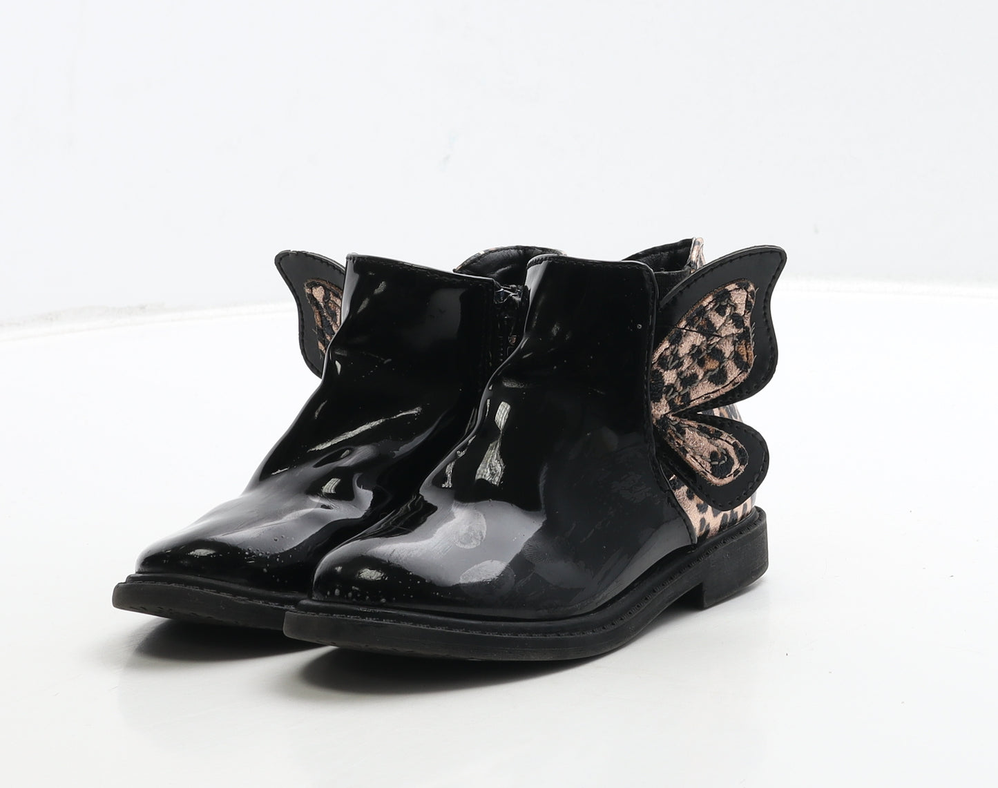 Matalan Girls Black Animal Print Patent Leather Bootie Boot UK 7 24 - Butterfly & Leopard Detail