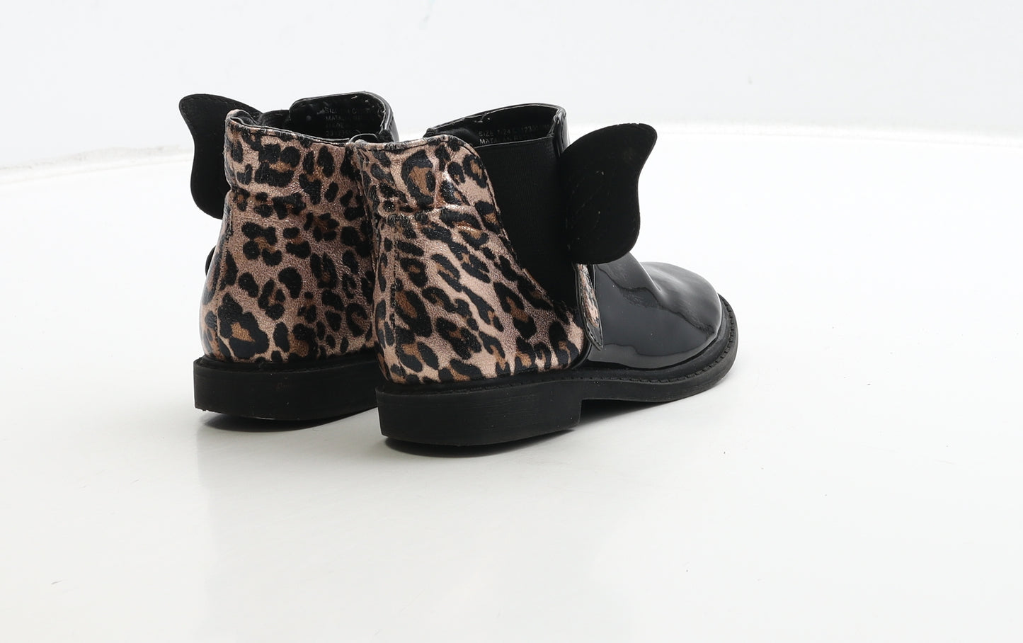 Matalan Girls Black Animal Print Patent Leather Bootie Boot UK 7 24 - Butterfly & Leopard Detail
