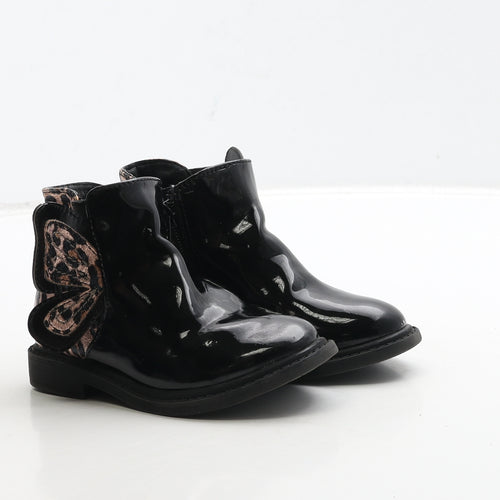 Matalan Girls Black Animal Print Patent Leather Bootie Boot UK 7 24 - Butterfly & Leopard Detail
