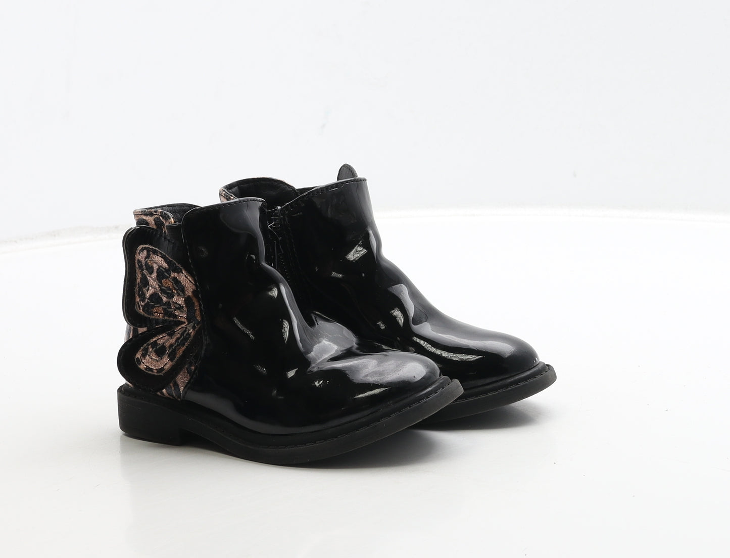 Matalan Girls Black Animal Print Patent Leather Bootie Boot UK 7 24 - Butterfly & Leopard Detail