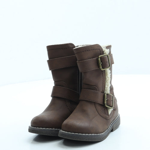 F&F Girls Brown Leather Biker Boot UK 5