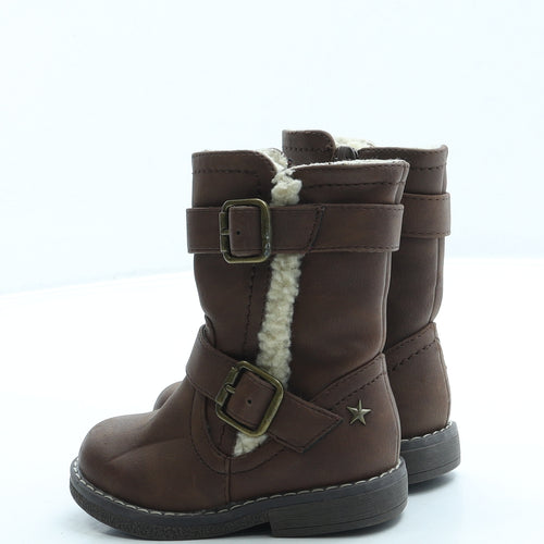 F&F Girls Brown Leather Biker Boot UK 5