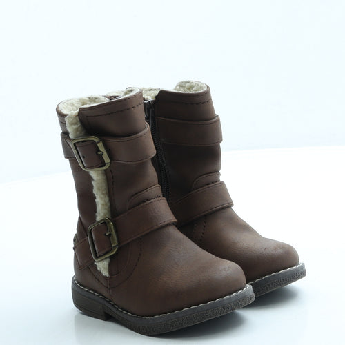 F&F Girls Brown Leather Biker Boot UK 5