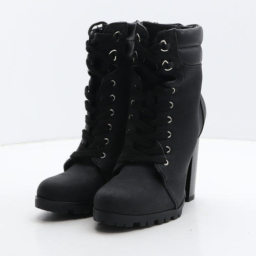 JustFab Womens Black Leather Combat Boot UK 4 36.5