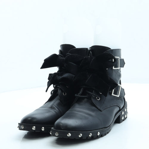 Preworn Womens Black Leather Biker Boot UK 3 36