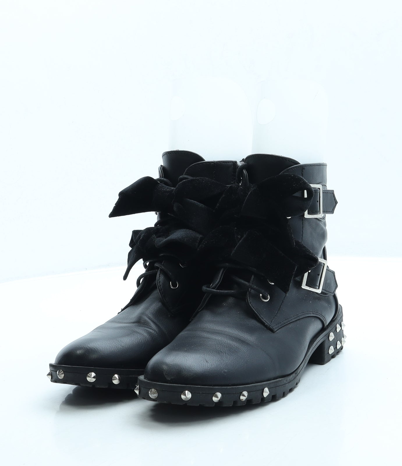 Preworn Womens Black Leather Biker Boot UK 3 36