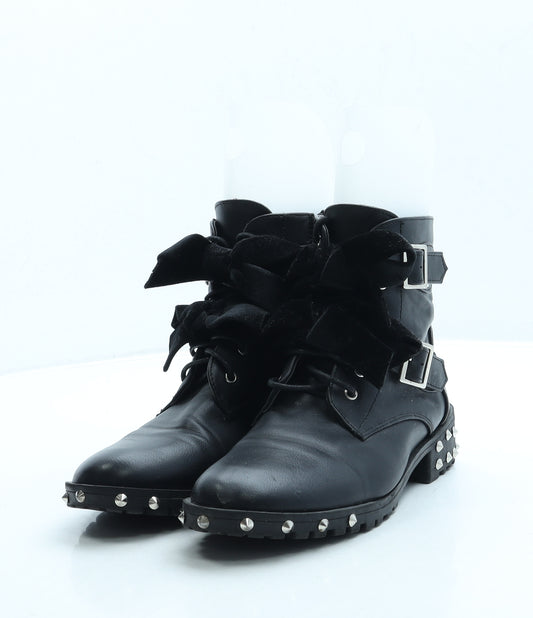 Preworn Womens Black Leather Biker Boot UK 3 36