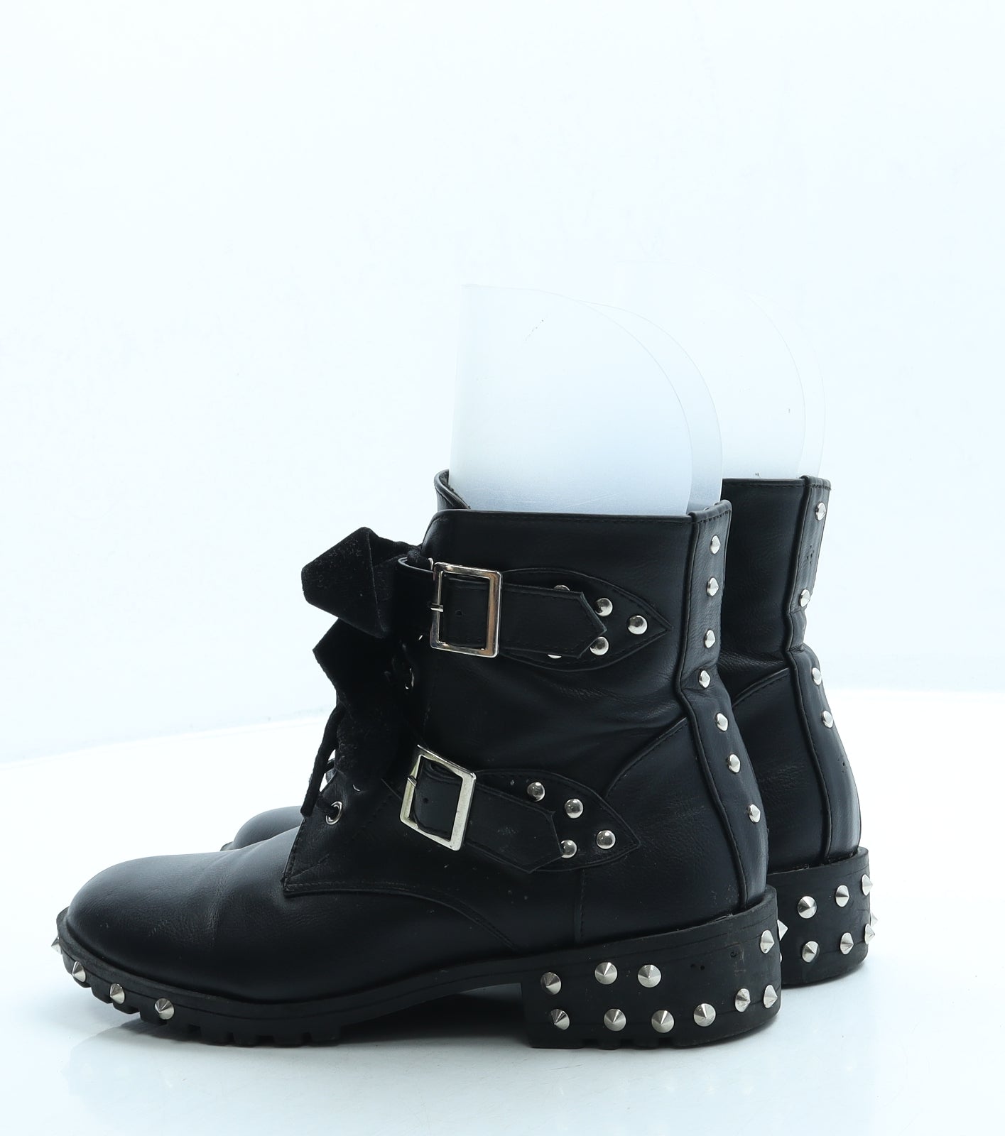 Preworn Womens Black Leather Biker Boot UK 3 36