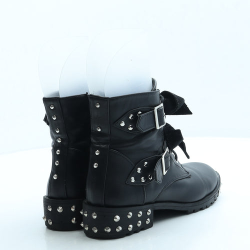 Preworn Womens Black Leather Biker Boot UK 3 36